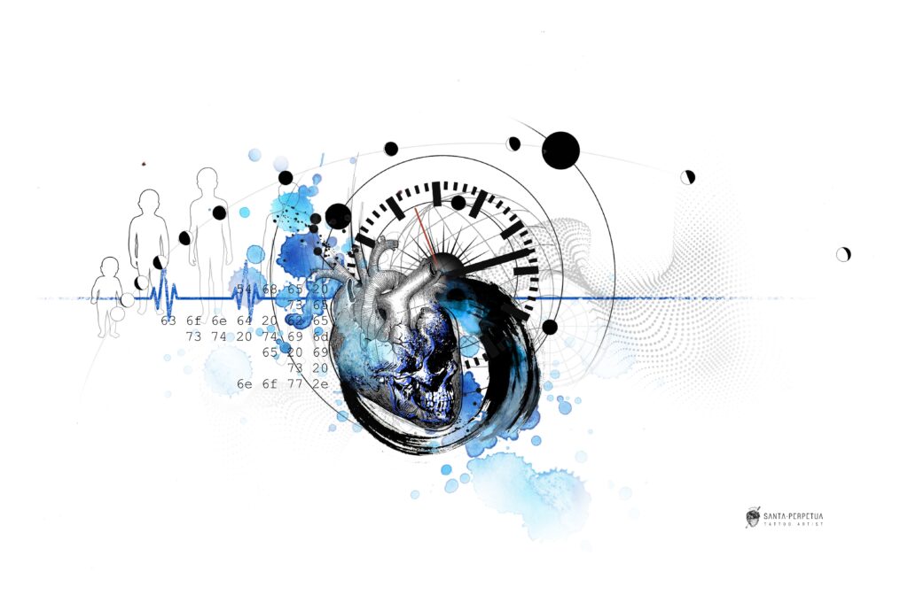 Conceptual drawing of Willow's chest piece. Includes a skull in a heart, a person growing up, a heart beat, ASCII hex code that says "the second best time is now", a clock before a sunburst, and paint splatters.