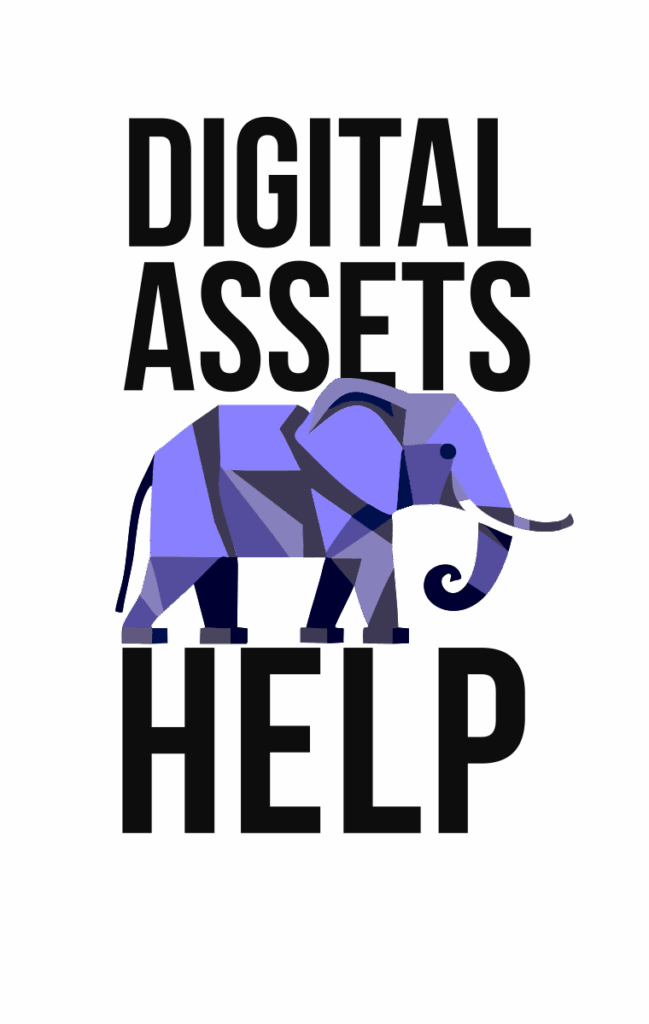 The digital assets help logo with a purple geometric elephant