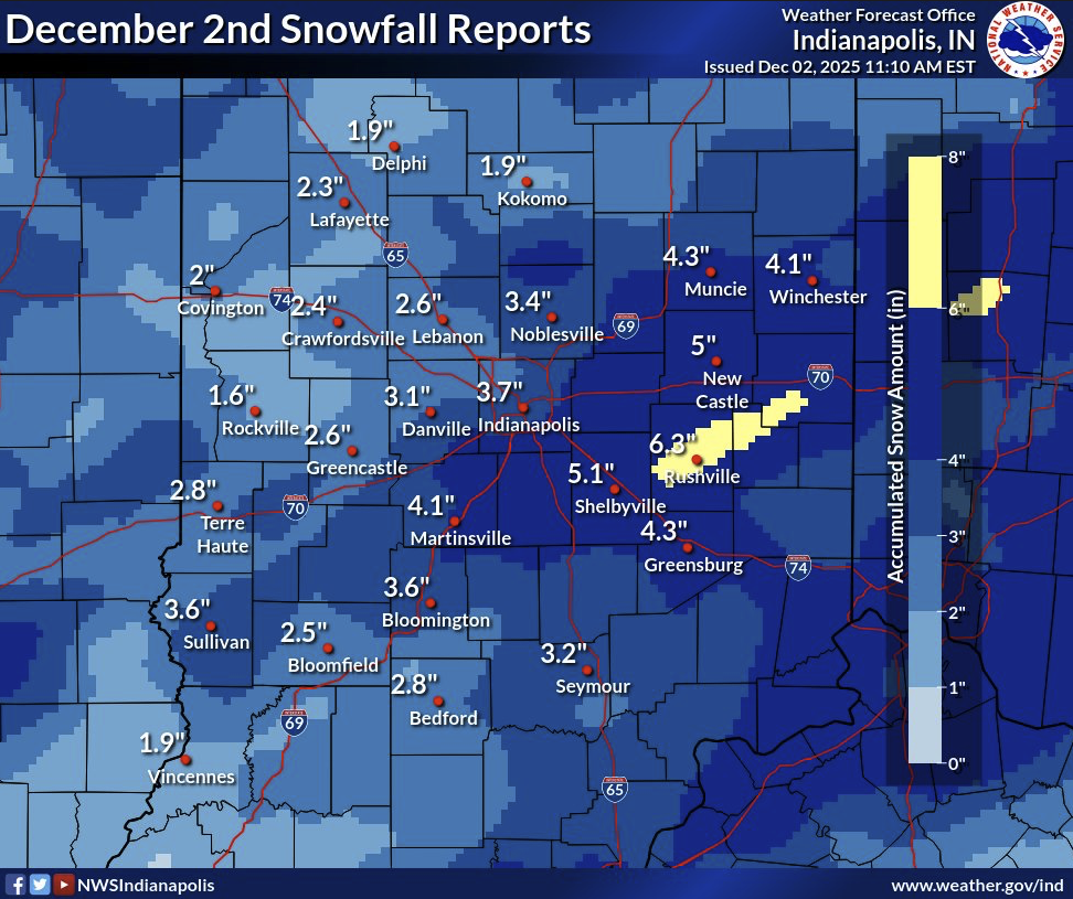 Snow map showing 1-6 inches across my area of Indiana.
